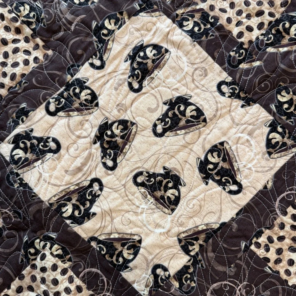 Handmade Coffee Patchwork Quilt Brown Cream Coffee Bean Cup Typography 70x80